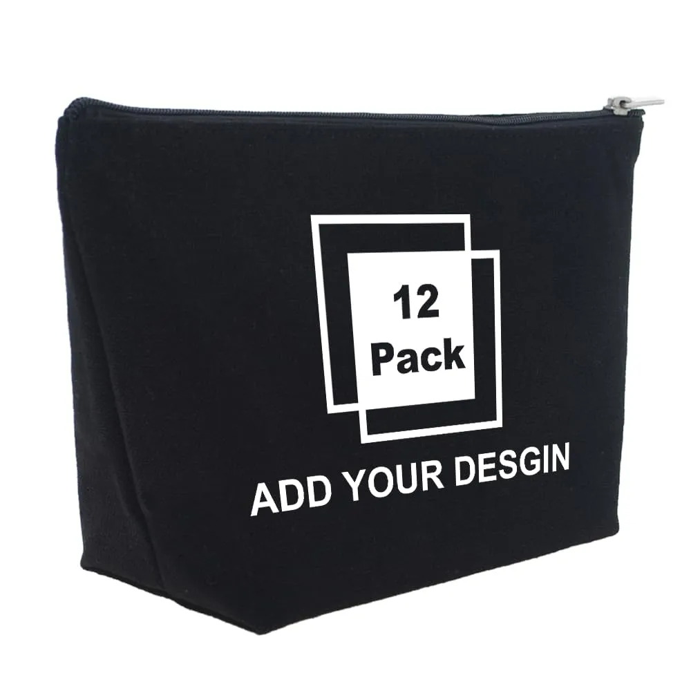 Muka 12 Pack Personalized Cotton Makeup Bags with Logo Text 9-1/2 x 5-1/2 x 3 Inches-Black