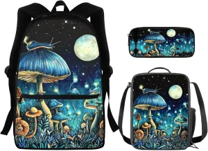 Mushroom Backpack and Lunch Box Set Boys Age 10-15 Years Old Moon Print Messenger Bag for School Retain Freshness Food Bag for Junior Middle School Middle School