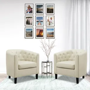 Naomi Home Emma Accent Chair Button Tufted Faux Leather Barrel Chair Midcentury Modern Accent Comfy Armchair Tub Barrel Chairs for Bedrooms Premium Arm Chairs for Living Room - Cream Set of 2