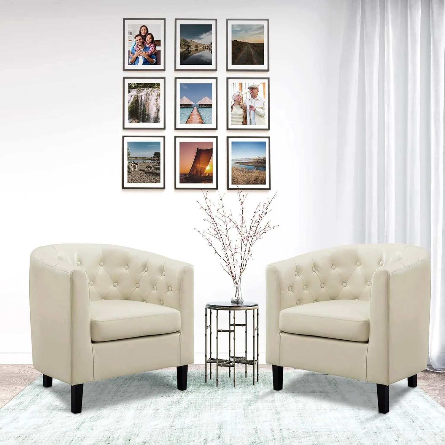 Naomi Home Emma Accent Chair Button Tufted Faux Leather Barrel Chair Midcentury Modern Accent Comfy Armchair Tub Barrel Chairs for Bedrooms Premium Arm Chairs for Living Room - Cream Set of 2