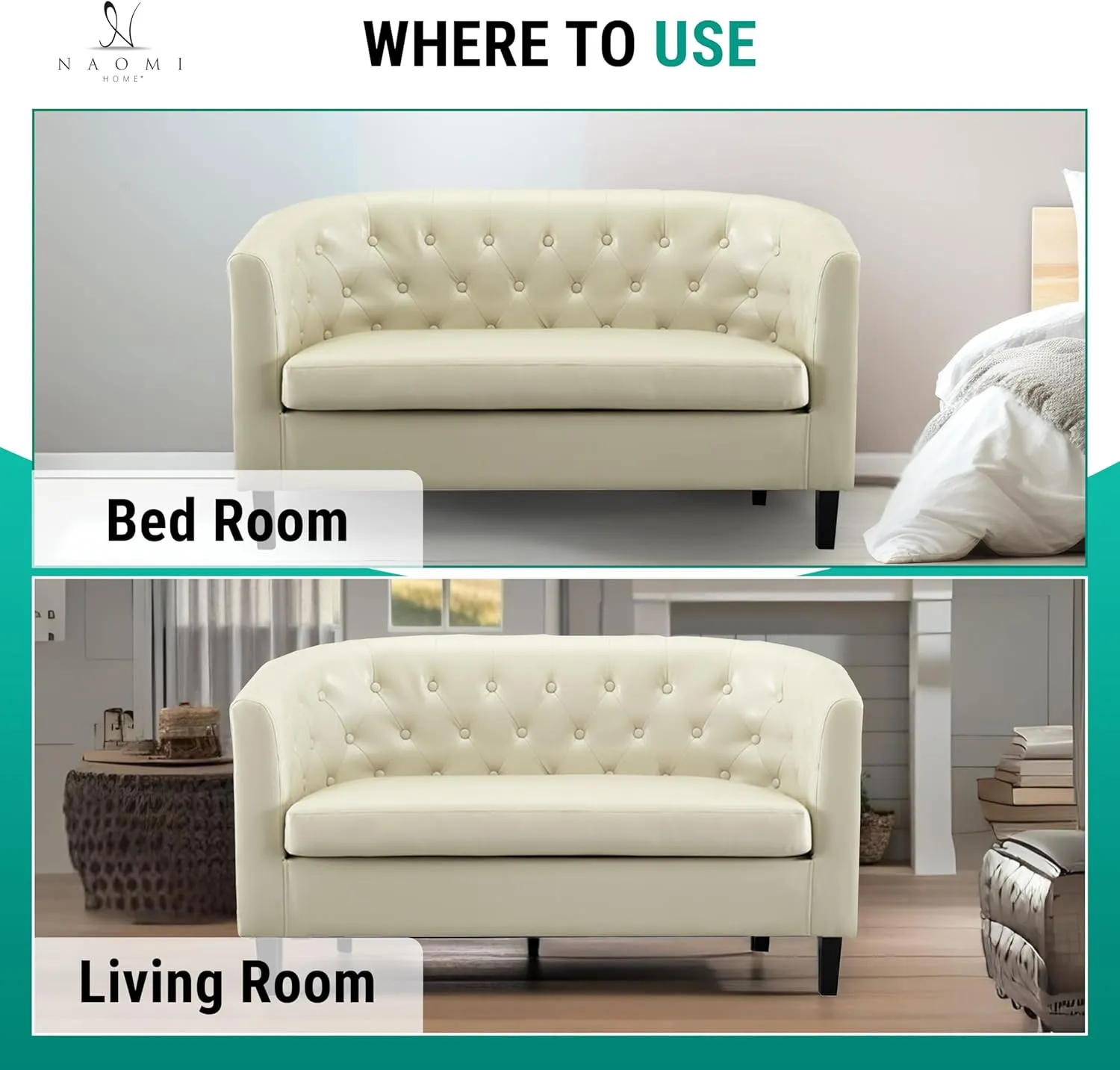 Naomi Home Emma Accent Chair Button Tufted Faux Leather Barrel Chair Midcentury Modern Accent Comfy Armchair Tub Barrel Chairs for Bedrooms Premium Arm Chairs for Living Room - Cream Set of 2