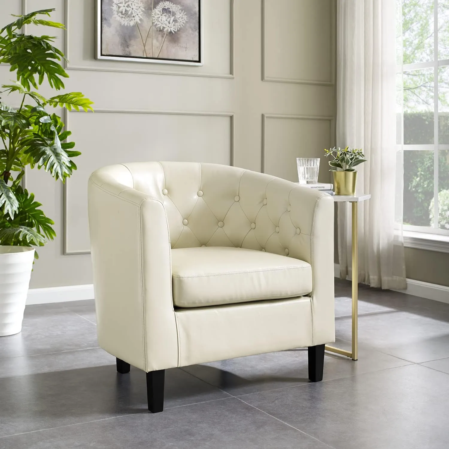 Naomi Home Emma Accent Chair Button Tufted Faux Leather Barrel Chair Midcentury Modern Accent Comfy Armchair Tub Barrel Chairs for Bedrooms Premium Arm Chairs for Living Room - Cream Set of 2