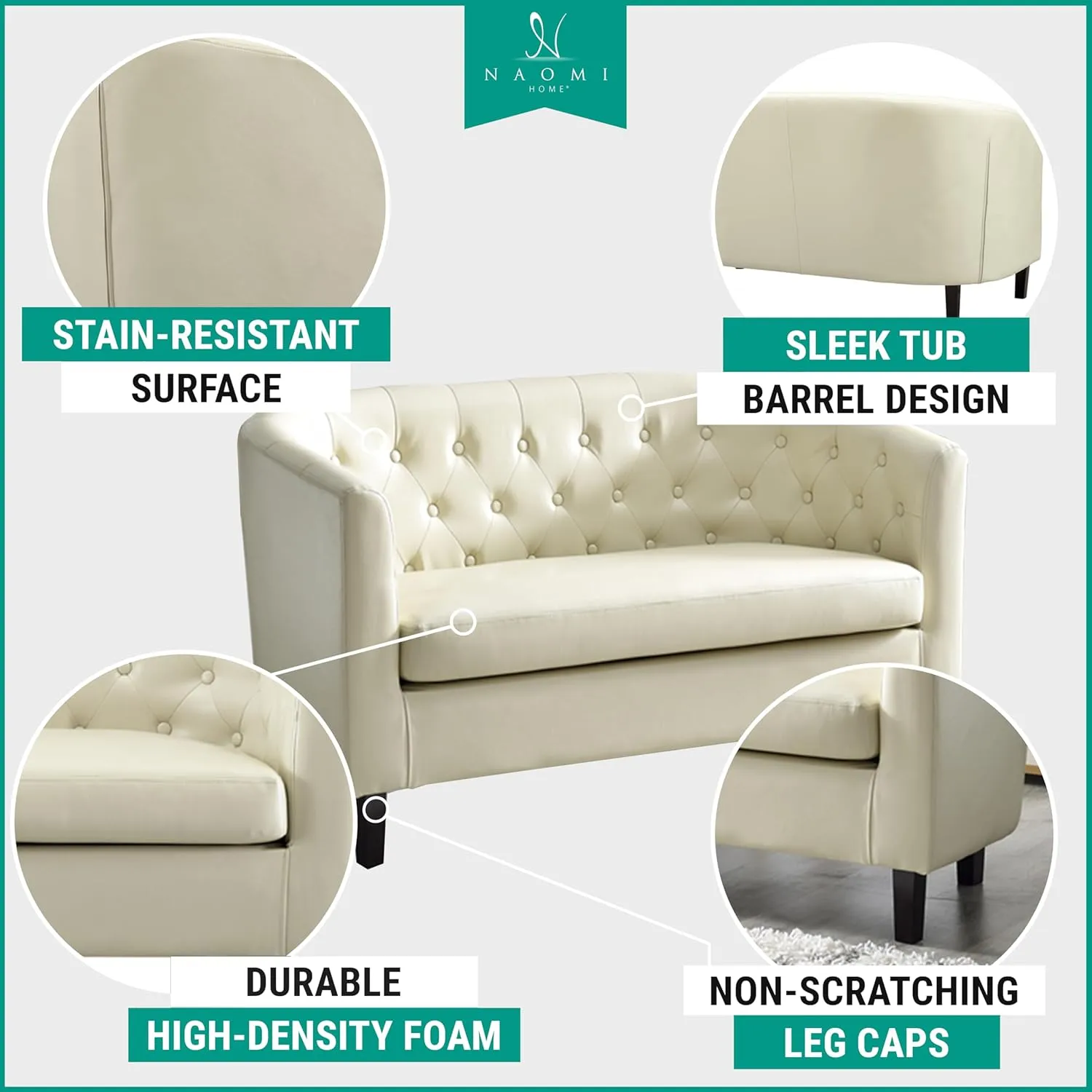 Naomi Home Emma Accent Chair Button Tufted Faux Leather Barrel Chair Midcentury Modern Accent Comfy Armchair Tub Barrel Chairs for Bedrooms Premium Arm Chairs for Living Room - Cream Set of 2