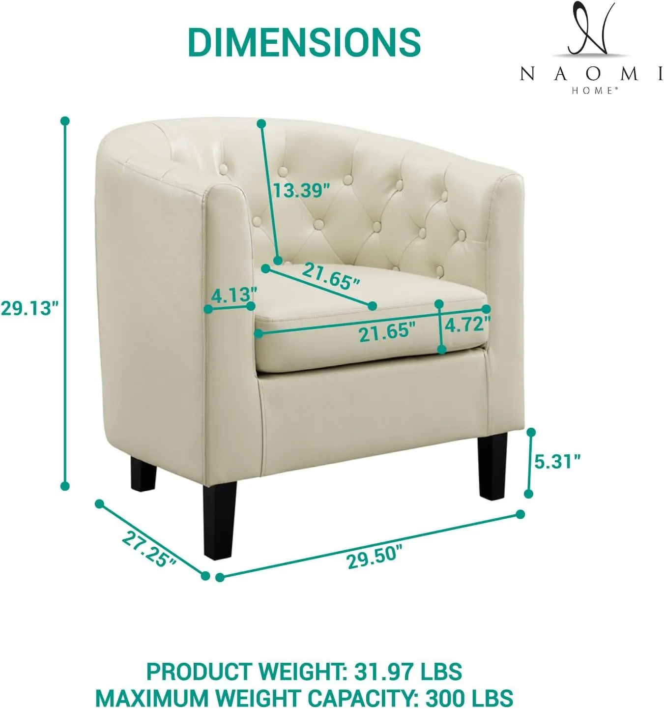 Naomi Home Emma Accent Chair Button Tufted Faux Leather Barrel Chair Midcentury Modern Accent Comfy Armchair Tub Barrel Chairs for Bedrooms Premium Arm Chairs for Living Room - Cream Set of 2