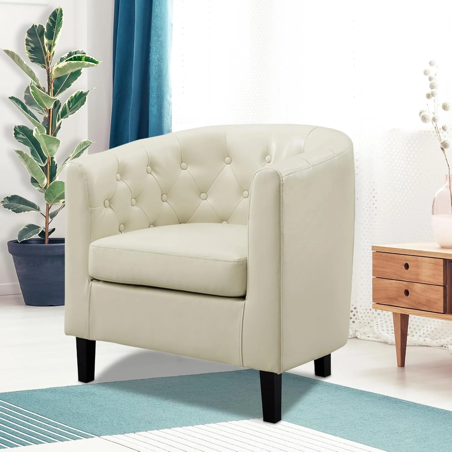 Naomi Home Emma Accent Chair Button Tufted Faux Leather Barrel Chair Midcentury Modern Accent Comfy Armchair Tub Barrel Chairs for Bedrooms Premium Arm Chairs for Living Room - Cream Set of 2