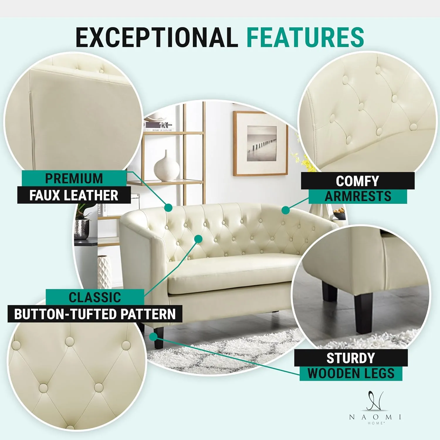 Naomi Home Emma Accent Chair Button Tufted Faux Leather Barrel Chair Midcentury Modern Accent Comfy Armchair Tub Barrel Chairs for Bedrooms Premium Arm Chairs for Living Room - Cream Set of 2