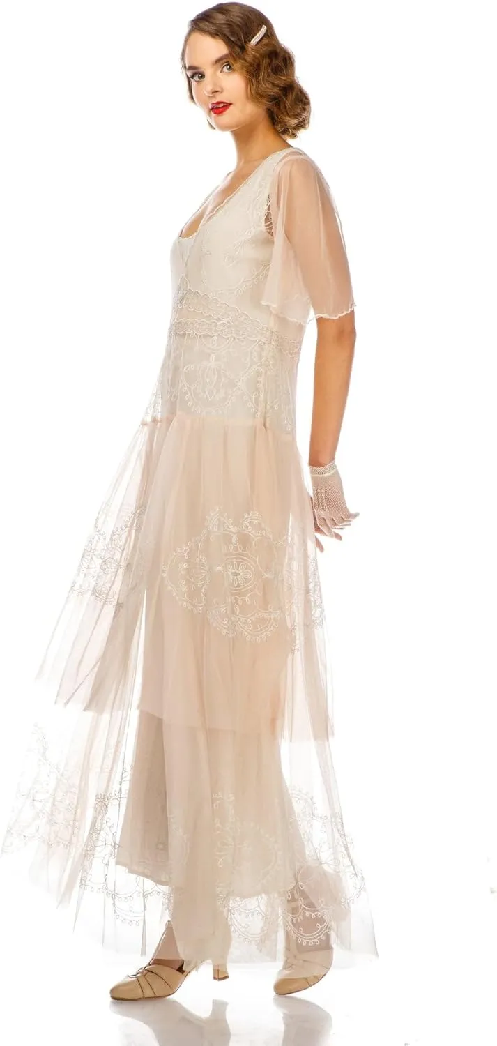 Nataya 40824 Women's 1920s Vintage Style Wedding Party Dress in Peach Ivory