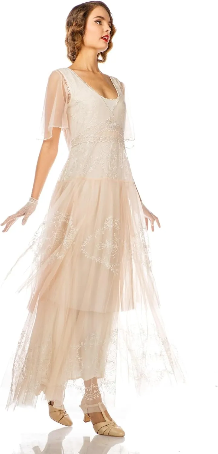 Nataya 40824 Women's 1920s Vintage Style Wedding Party Dress in Peach Ivory