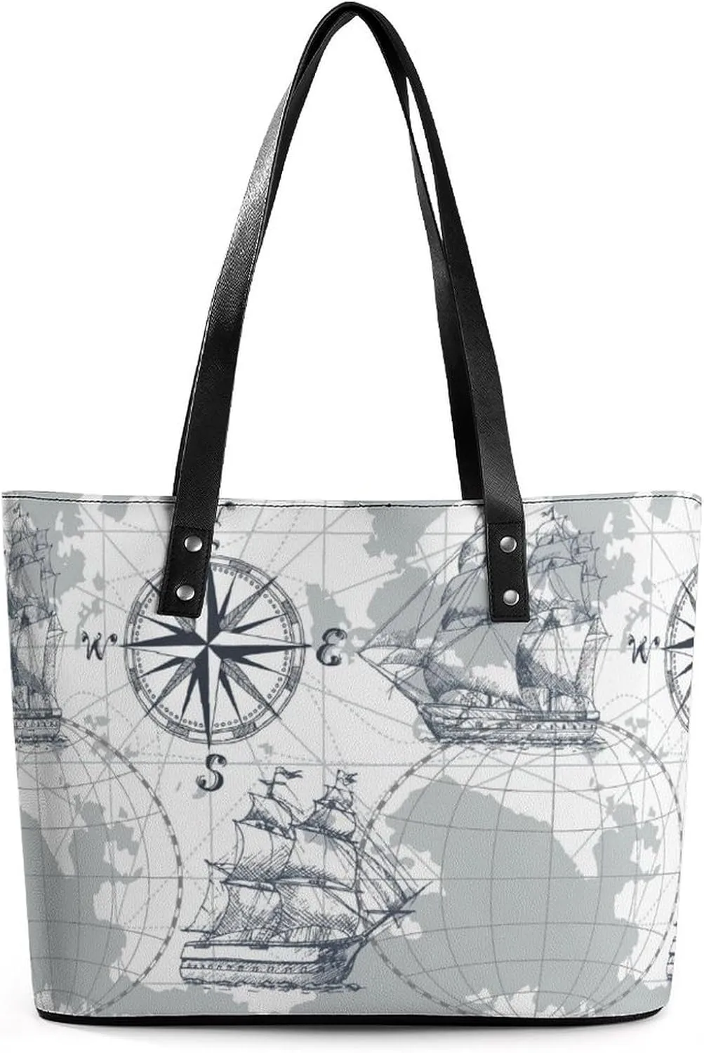 Nautical Sea Map Compass Sailing Ship Women Tote Bags Top Handle Satchel Handbags Faux Leather Tassel Shoulder Purse