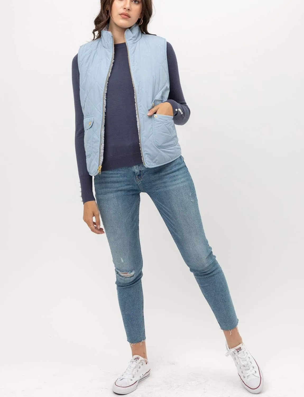 NE PEOPLE Women’s Quilted Vest – Reversible Lightweight Sleeveless Full Zip Up Faux Fur Lining Gilet Jacket with Pockets