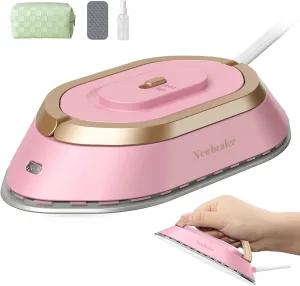 Newbealer Travel Iron with Dual Voltage - 120V/220V Mini Dry Iron for Clothes (No Steam), Non-Stick Ceramic Soleplate, 302℉ Heat Press Machine for Quilting & Sewing, 0.95lbs Lightly (Pink)