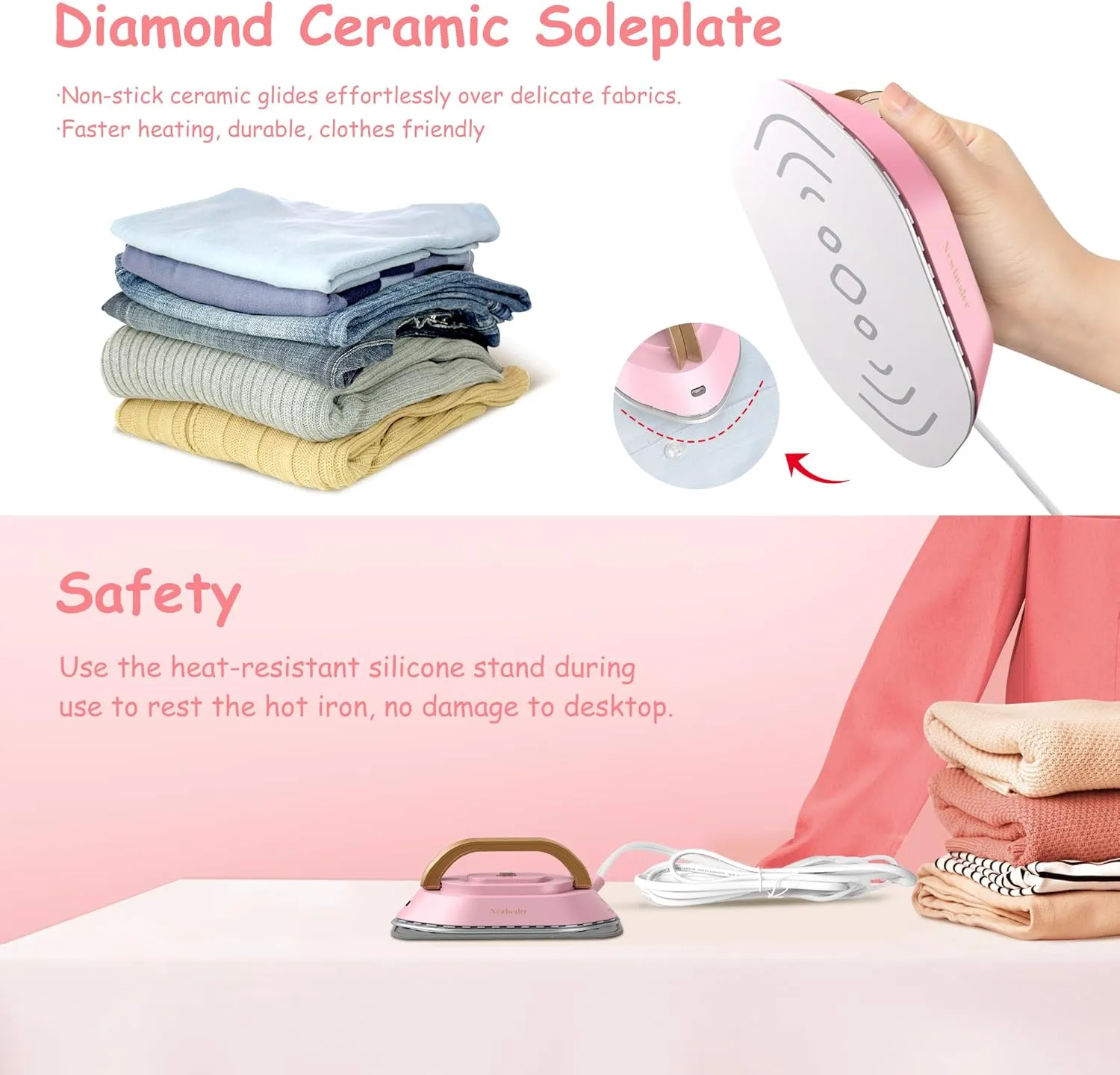 Newbealer Travel Iron with Dual Voltage - 120V/220V Mini Dry Iron for Clothes (No Steam), Non-Stick Ceramic Soleplate, 302℉ Heat Press Machine for Quilting & Sewing, 0.95lbs Lightly (Pink)