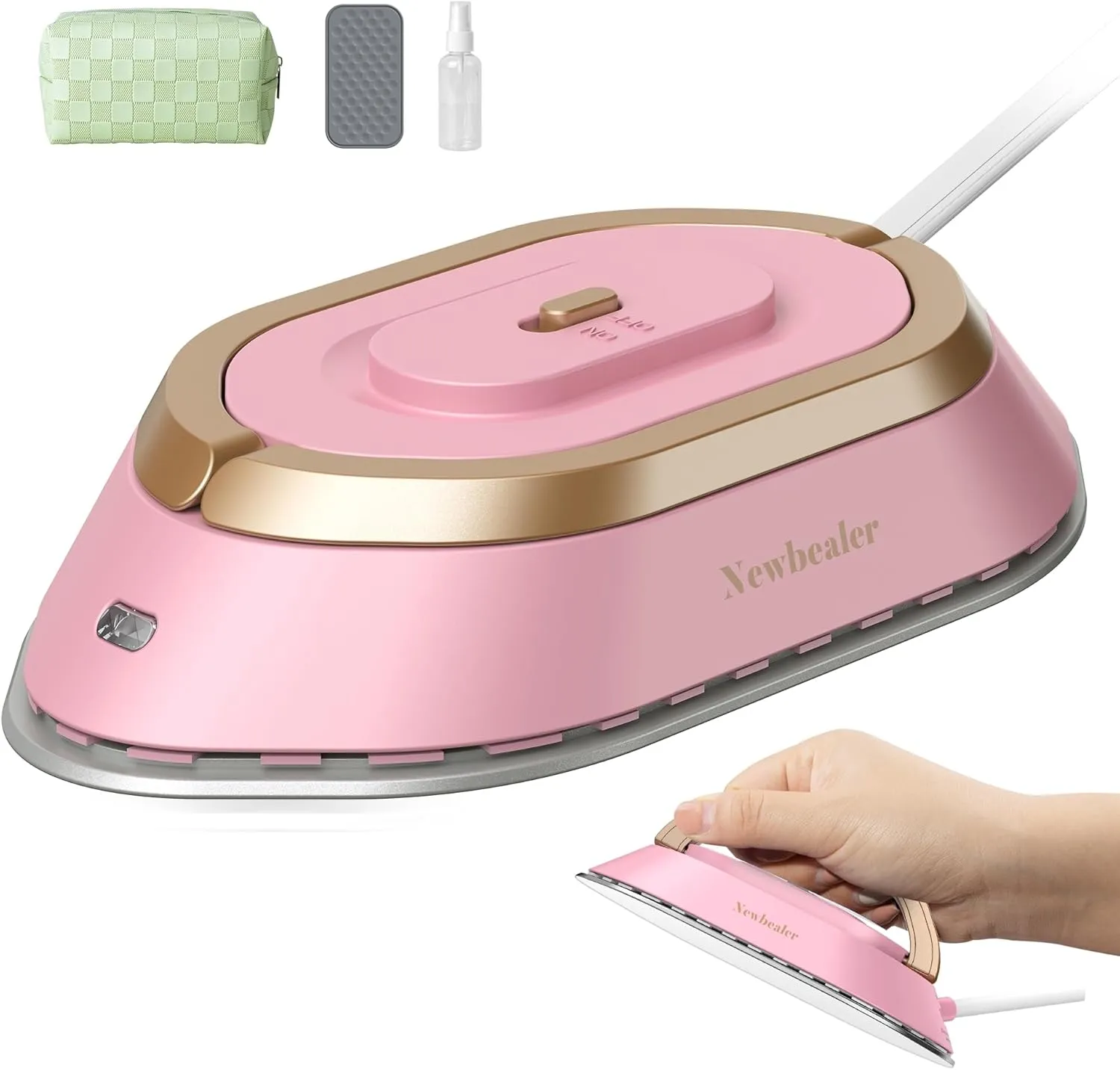 Newbealer Travel Iron with Dual Voltage - 120V/220V Mini Dry Iron for Clothes (No Steam), Non-Stick Ceramic Soleplate, 302℉ Heat Press Machine for Quilting & Sewing, 0.95lbs Lightly (Pink)