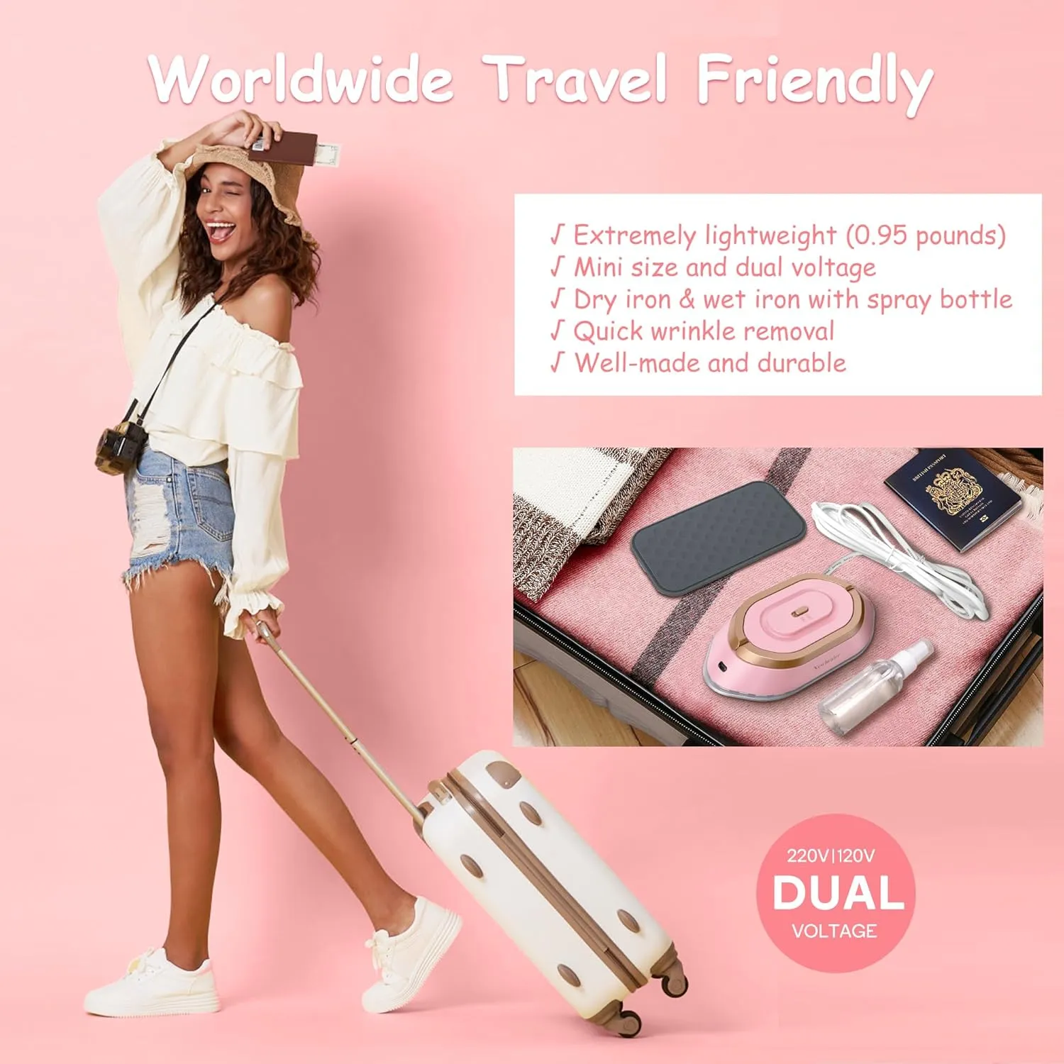 Newbealer Travel Iron with Dual Voltage - 120V/220V Mini Dry Iron for Clothes (No Steam), Non-Stick Ceramic Soleplate, 302℉ Heat Press Machine for Quilting & Sewing, 0.95lbs Lightly (Pink)