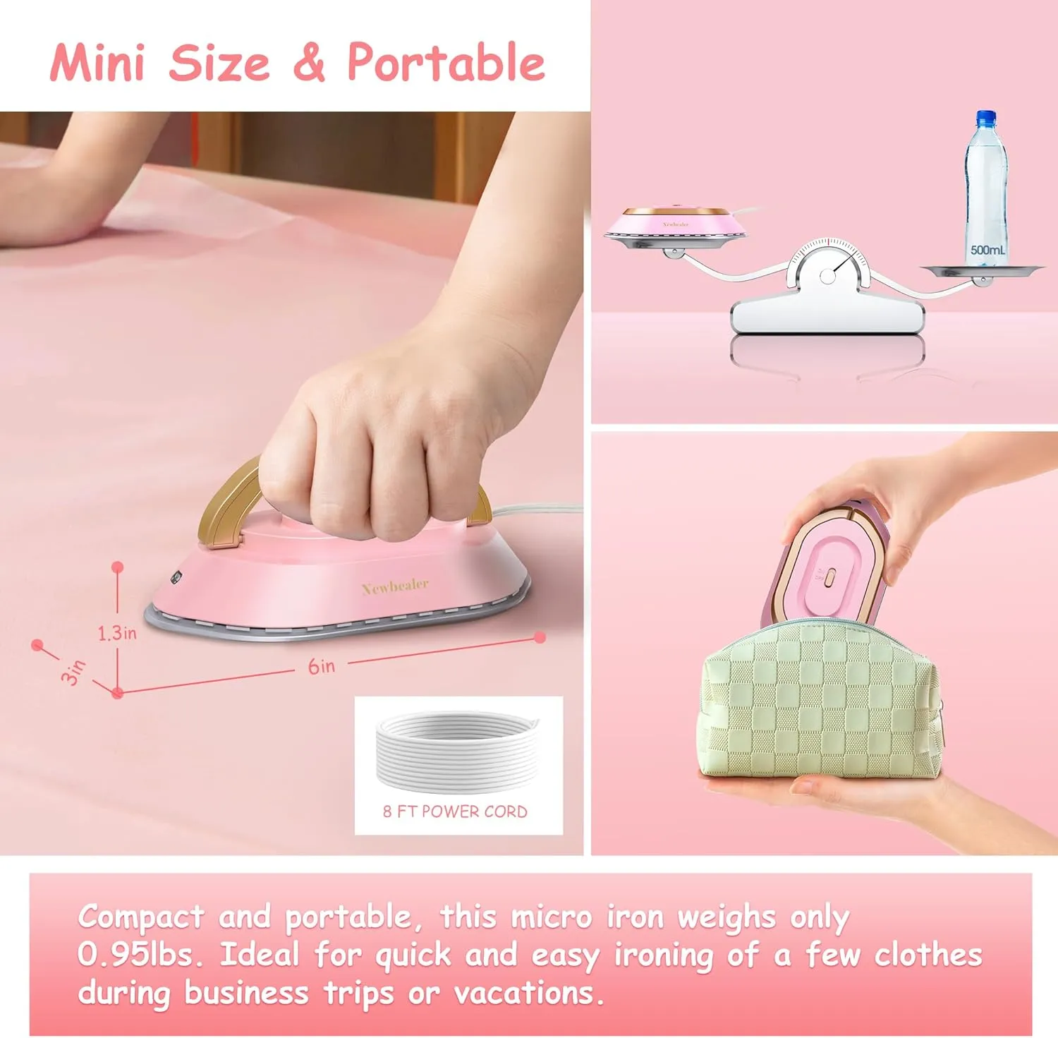 Newbealer Travel Iron with Dual Voltage - 120V/220V Mini Dry Iron for Clothes (No Steam), Non-Stick Ceramic Soleplate, 302℉ Heat Press Machine for Quilting & Sewing, 0.95lbs Lightly (Pink)