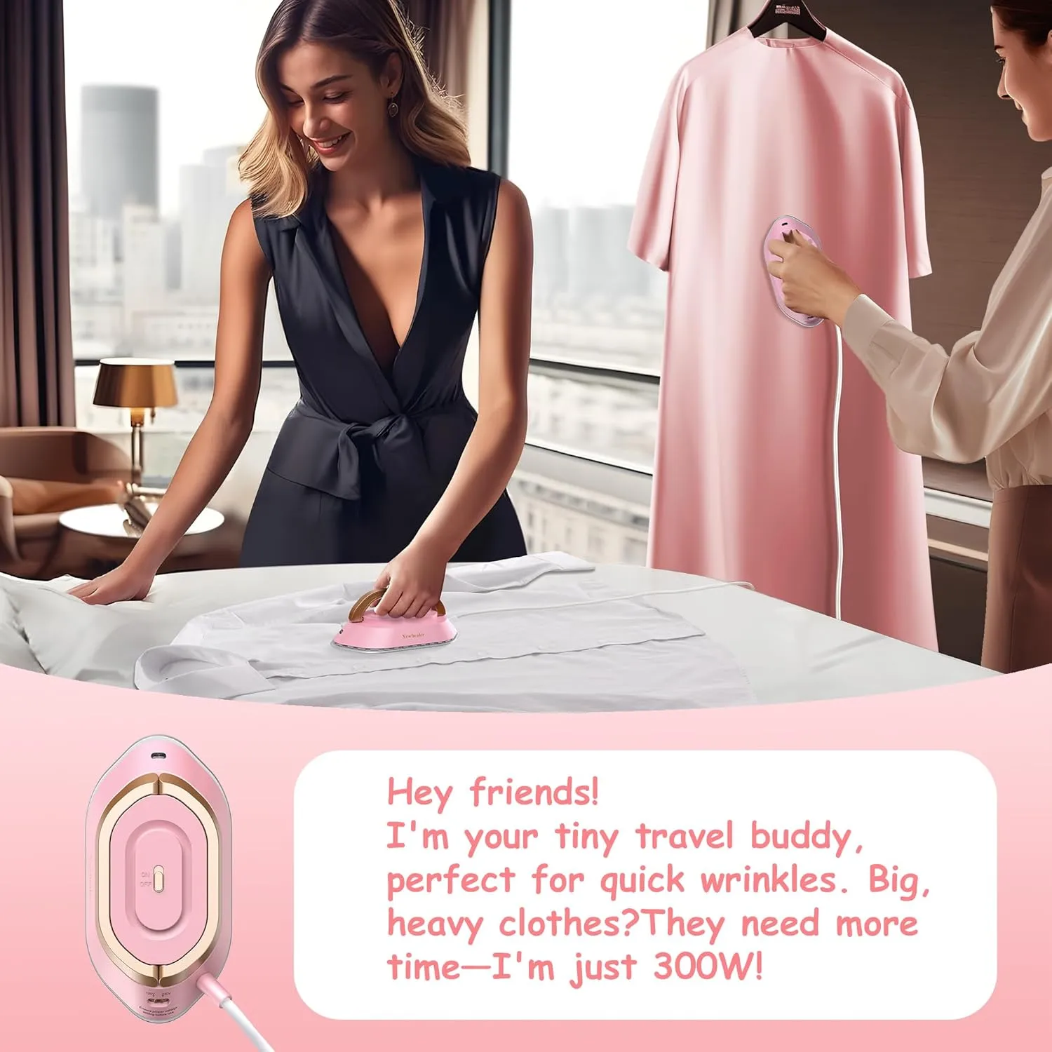 Newbealer Travel Iron with Dual Voltage - 120V/220V Mini Dry Iron for Clothes (No Steam), Non-Stick Ceramic Soleplate, 302℉ Heat Press Machine for Quilting & Sewing, 0.95lbs Lightly (Pink)