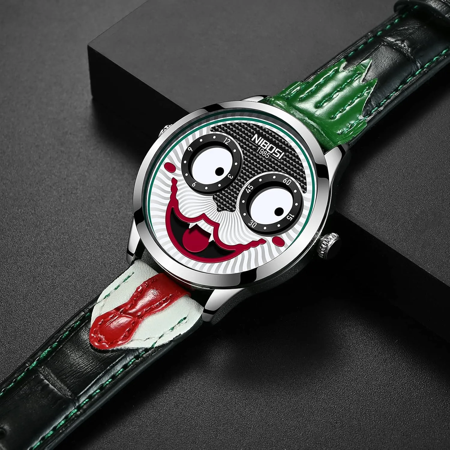 NIBOSI Watches for Men Analog Quartz Clown Dial Wrist Watches Unique Weird Fashion Cool Watch Waterproof Leather Strap Men's Watches