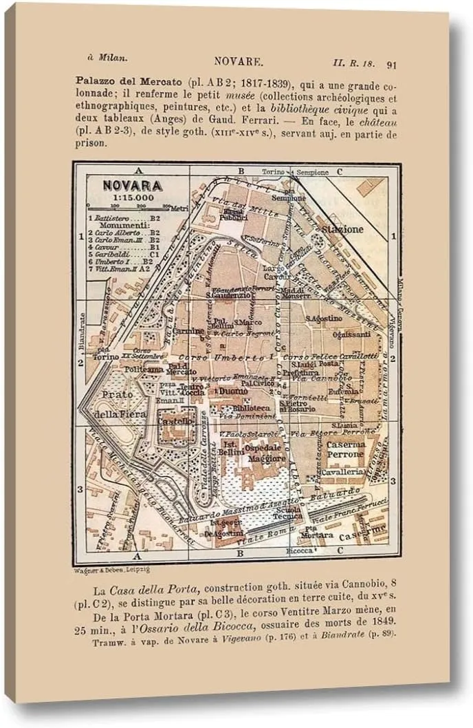 Novara Italy - Bertarelli 1914 by Bertarelli - 10" x 16" Canvas Art Print Gallery Wrapped - Ready to Hang
