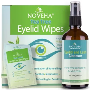 NOVEHA Eyelid & Lash Hygiene Bundle – Tea Tree Oil Wipes (60 Ct)   Hypochlorous Acid Spray (4oz) – Gentle Daily Cleanser for Styes, Blepharitis, Dry Eyes, Irritation & Makeup Removal