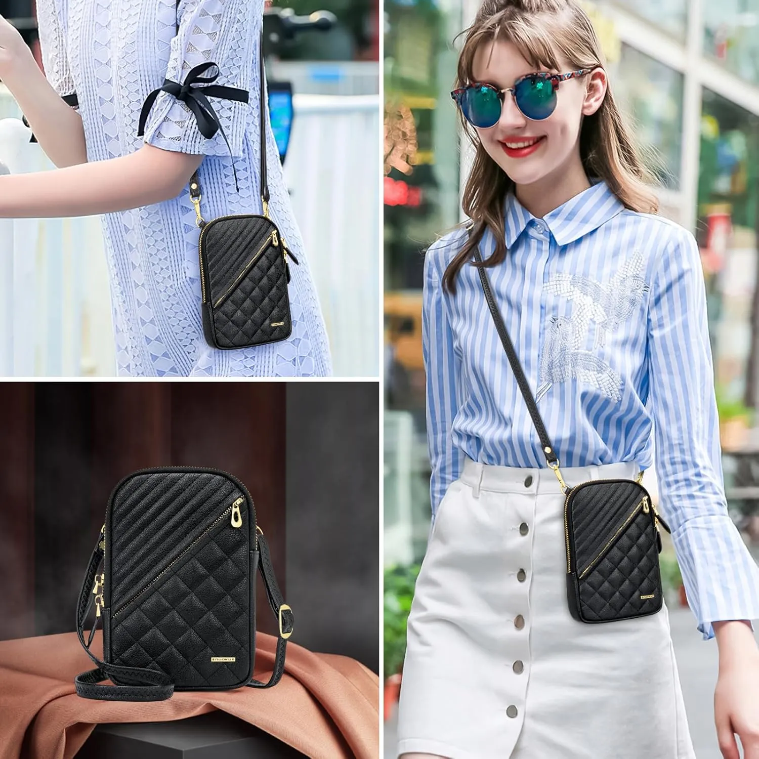 nuoku Small Crossbody Bags for Women Vegan Leather Cell Phone Wallet Purses for Women with Double Zipper,RFID Wallet