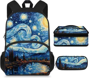 Oil Painting Print Kids Travel Backpack Age 8-12 Years Old Leakproof Insulated Lunch Bag and Mini Pencil Case Lightweight tote Bag for Middle School Elementary