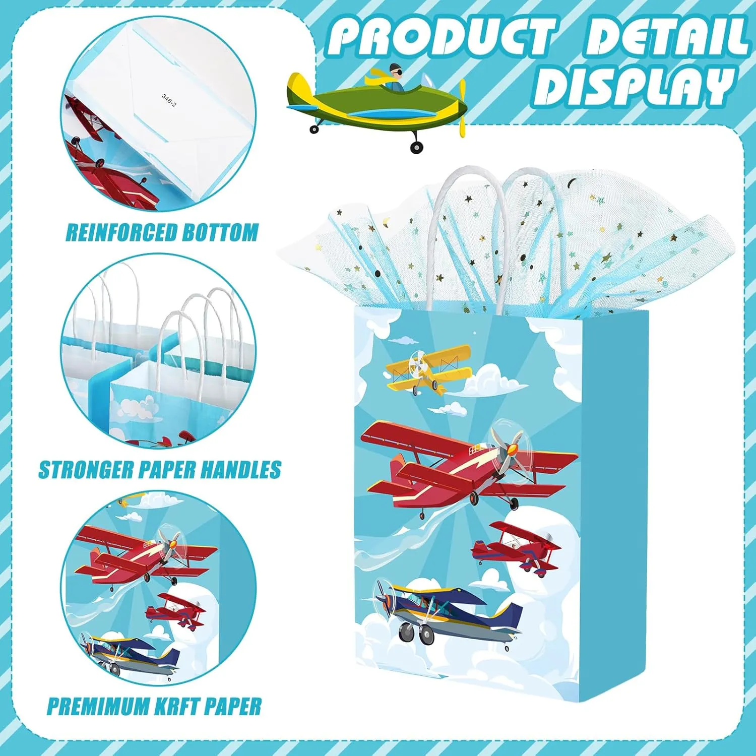 Outus 24 Pcs Airplane Party Favor Bags Paper Airplane Goodie Bags Plain Gift Pouch‌ Blue Aircraft Candy Treat Pouch‌ with Handles for Birthday Party Decorations Supplies