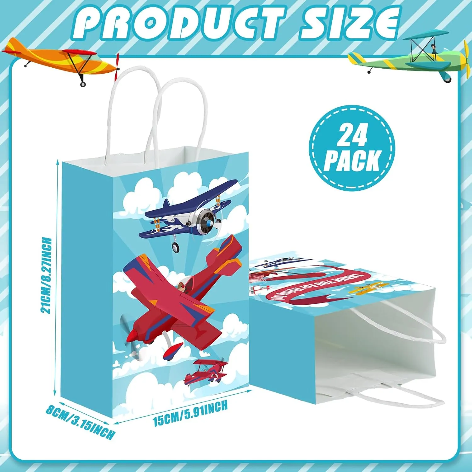 Outus 24 Pcs Airplane Party Favor Bags Paper Airplane Goodie Bags Plain Gift Pouch‌ Blue Aircraft Candy Treat Pouch‌ with Handles for Birthday Party Decorations Supplies