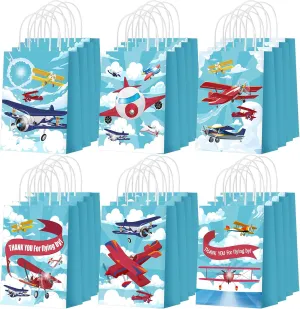 Outus 24 Pcs Airplane Party Favor Bags Paper Airplane Goodie Bags Plain Gift Pouch‌ Blue Aircraft Candy Treat Pouch‌ with Handles for Birthday Party Decorations Supplies