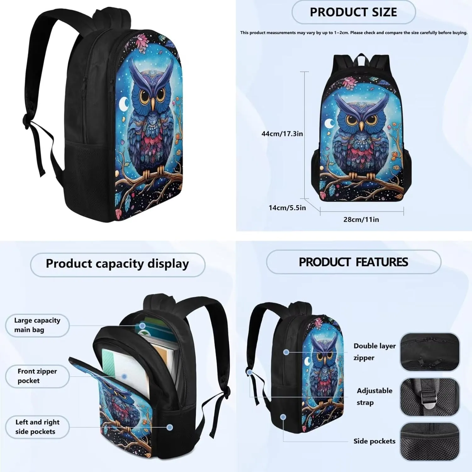 Owl Print Kids Travel Backpack Toddler Fashion Double Bookbag with Lunch Box for Teens Girls Waterproof Keep Warm Lunch Box and Pencil Case for School Travel Climbing