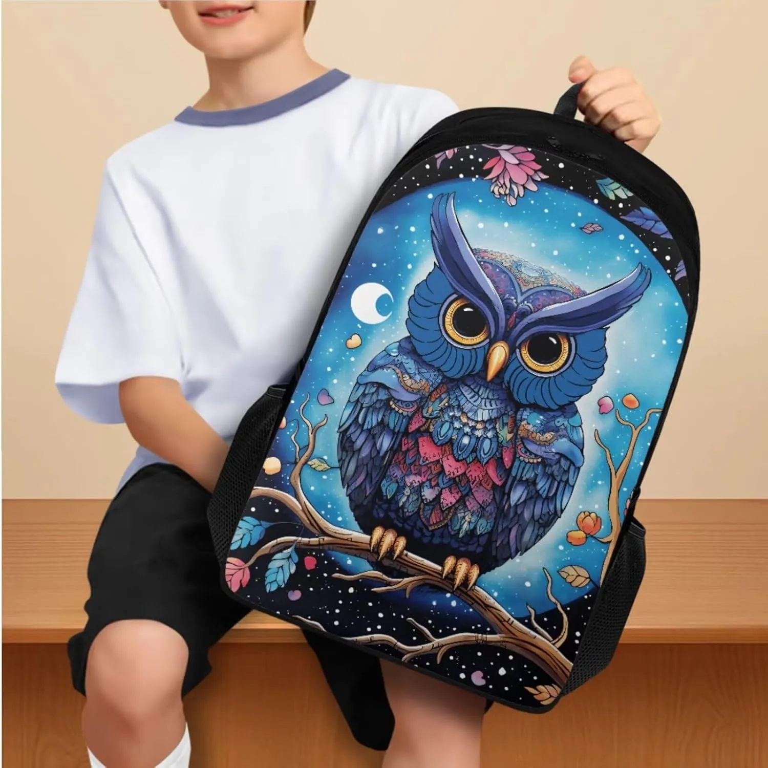 Owl Print Kids Travel Backpack Toddler Fashion Double Bookbag with Lunch Box for Teens Girls Waterproof Keep Warm Lunch Box and Pencil Case for School Travel Climbing