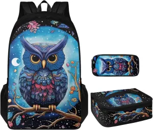 Owl Print Kids Travel Backpack Toddler Fashion Double Bookbag with Lunch Box for Teens Girls Waterproof Keep Warm Lunch Box and Pencil Case for School Travel Climbing
