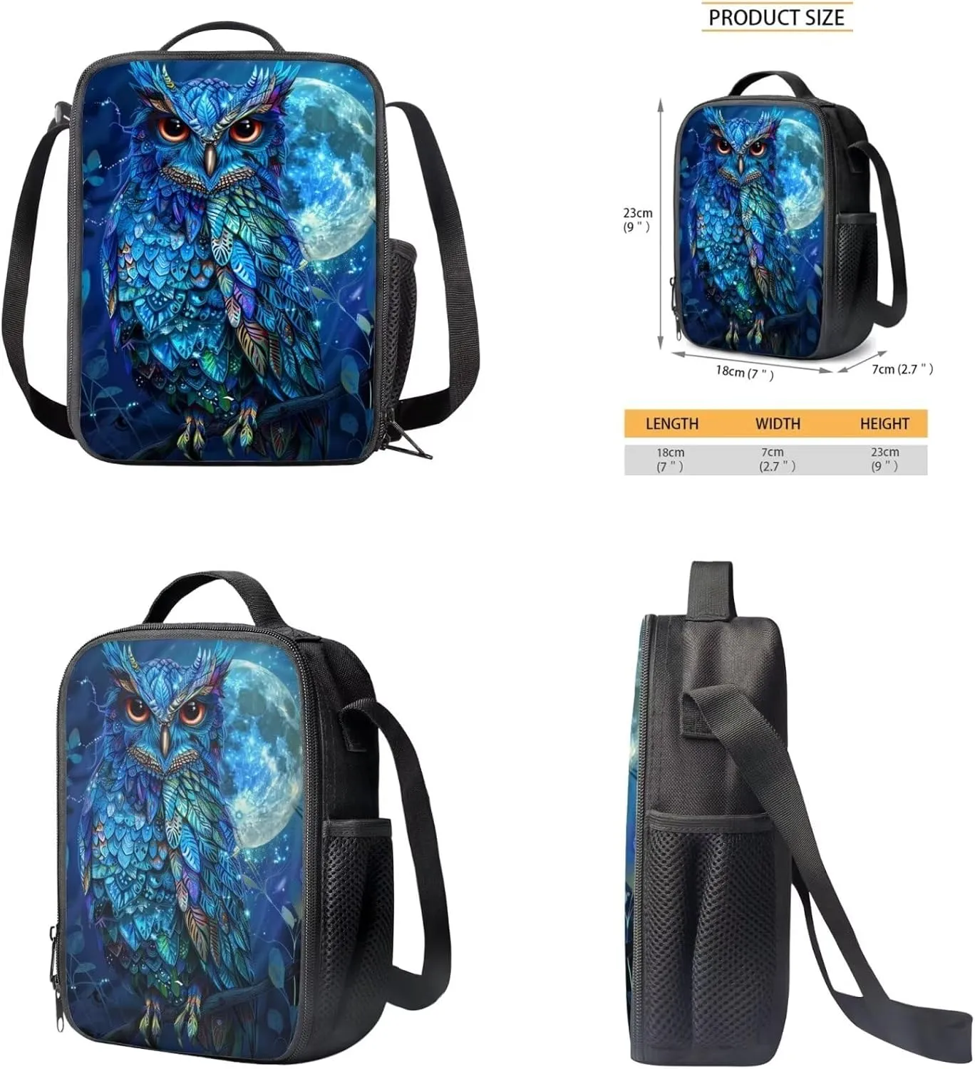 Owl Print Travel Backpack for Kids Age 8-15 Years Old Adjustable Straps School Backpack With Lunch Bag and Pencil Case, Bookbag Set for Elementary Middle Schools