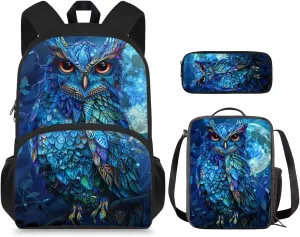 Owl Print Travel Backpack for Kids Age 8-15 Years Old Adjustable Straps School Backpack With Lunch Bag and Pencil Case, Bookbag Set for Elementary Middle Schools