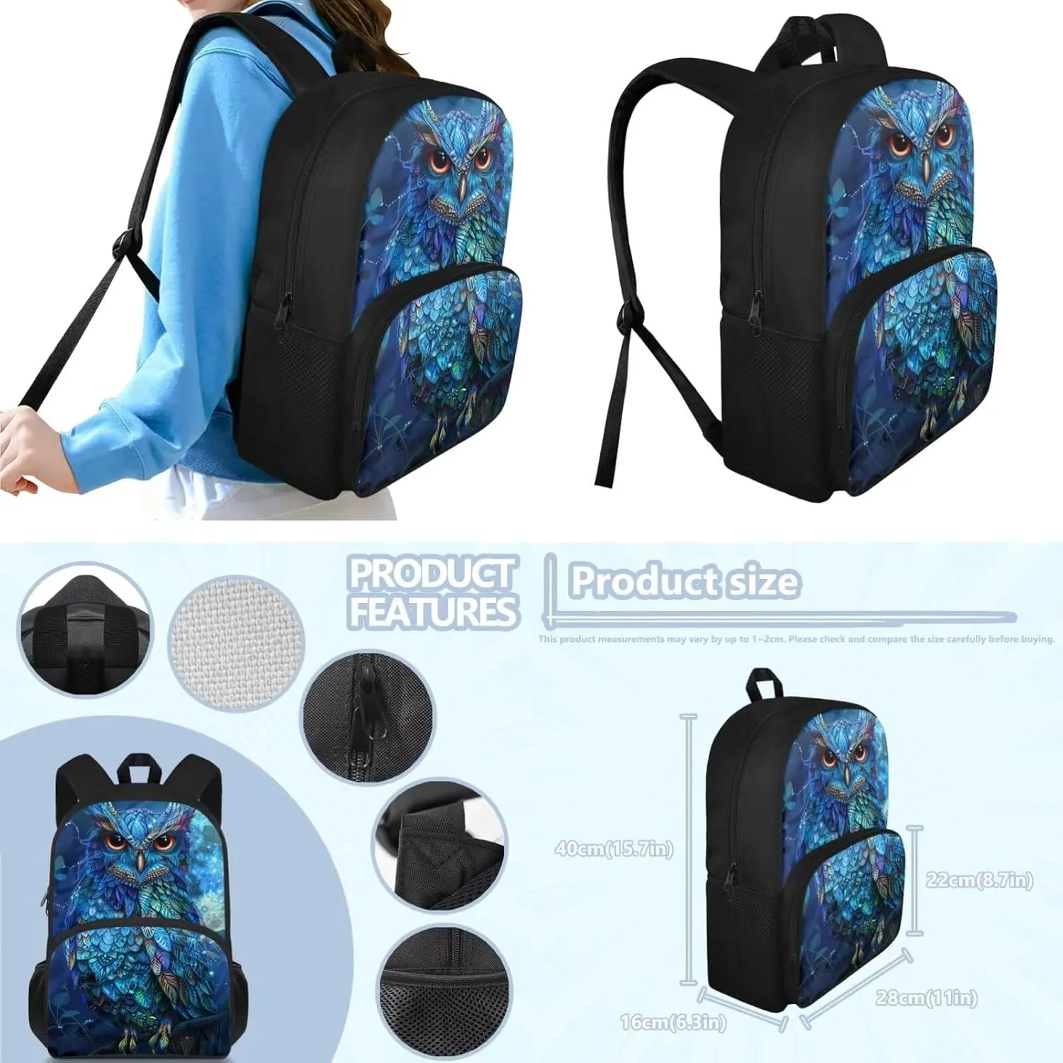 Owl Print Travel Backpack for Kids Age 8-15 Years Old Adjustable Straps School Backpack With Lunch Bag and Pencil Case, Bookbag Set for Elementary Middle Schools