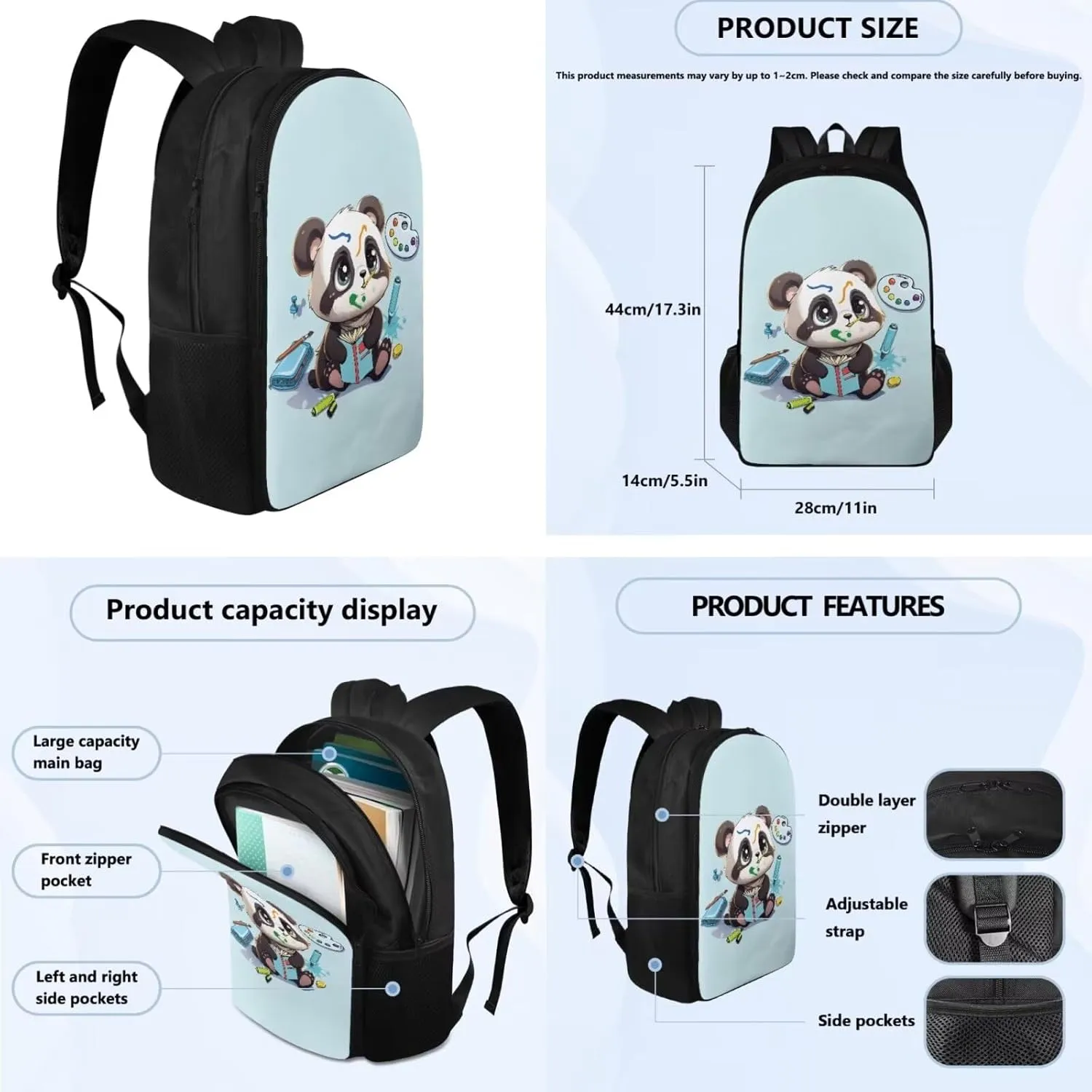 Panda Print Backpack with Lunch Box for Girls Casual Portable Crossbody School Bag for Kids Lightweight Adjustable Straps BookBag for Travel Hiking Shopping Work