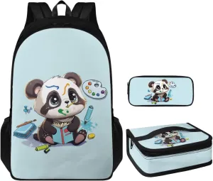 Panda Print Backpack with Lunch Box for Girls Casual Portable Crossbody School Bag for Kids Lightweight Adjustable Straps BookBag for Travel Hiking Shopping Work