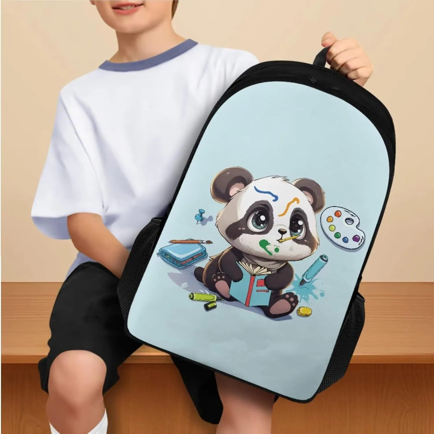 Panda Print Backpack with Lunch Box for Girls Casual Portable Crossbody School Bag for Kids Lightweight Adjustable Straps BookBag for Travel Hiking Shopping Work