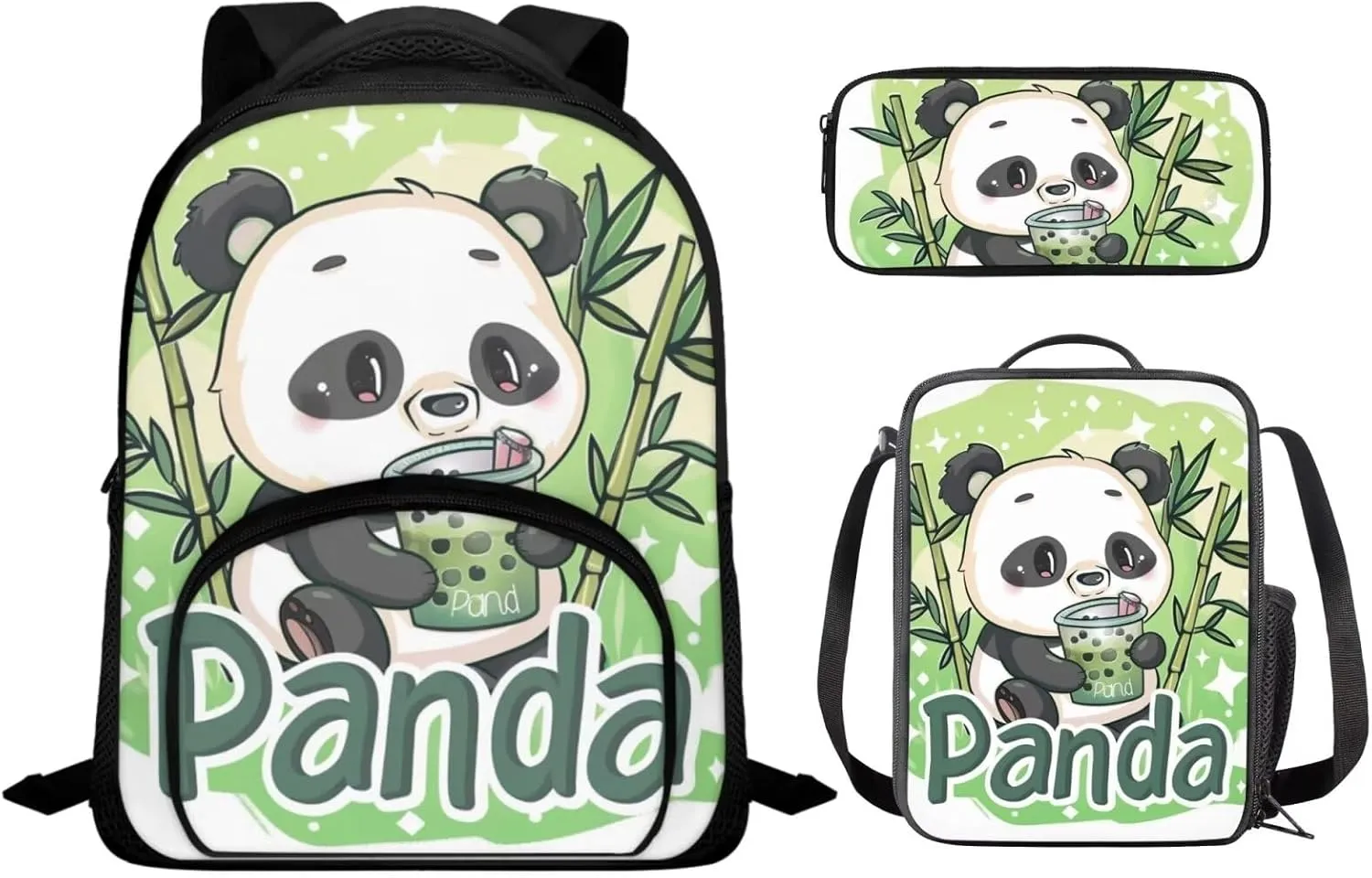 Panda Print Kids Backpack Set for Boys 8-12 Backpack for School Large Capacity Rucksack Insulated Meal Bag Pencil Case for Travel Outdoor Hiking School