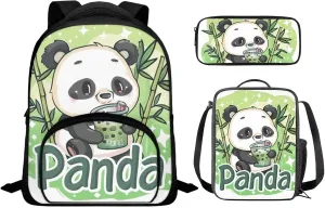 Panda Print Kids Backpack Set for Boys 8-12 Backpack for School Large Capacity Rucksack Insulated Meal Bag Pencil Case for Travel Outdoor Hiking School