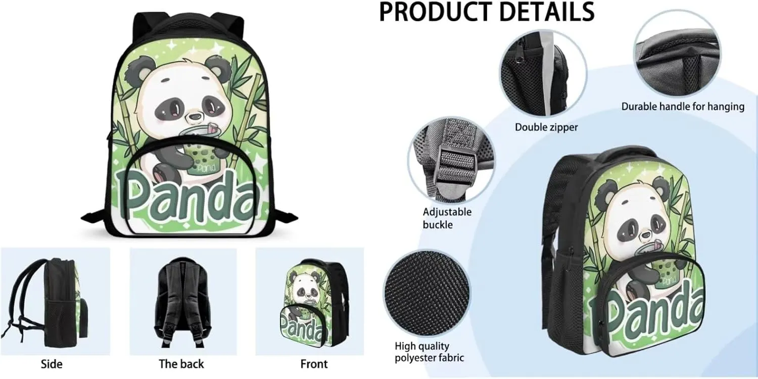 Panda Print Kids Backpack Set for Boys 8-12 Backpack for School Large Capacity Rucksack Insulated Meal Bag Pencil Case for Travel Outdoor Hiking School