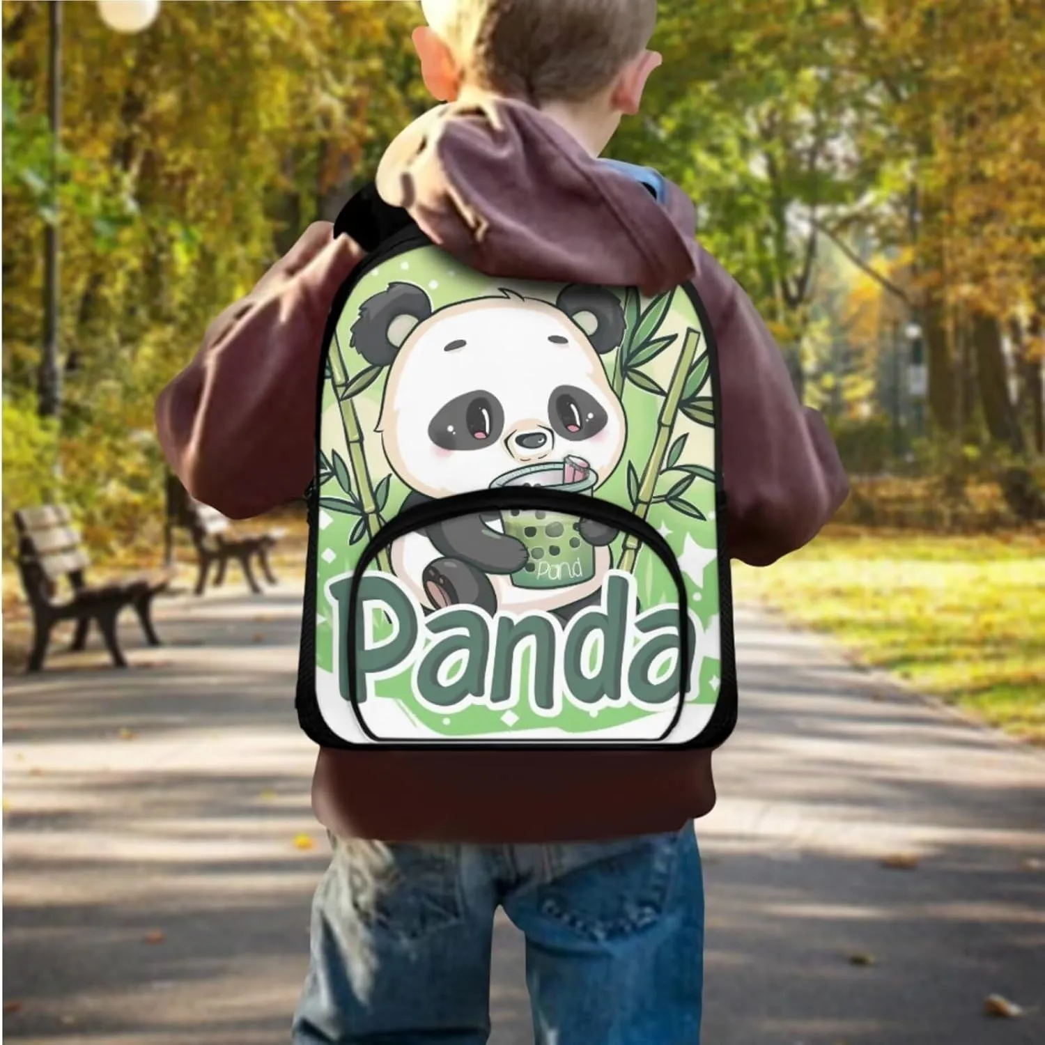 Panda Print Kids Backpack Set for Boys 8-12 Backpack for School Large Capacity Rucksack Insulated Meal Bag Pencil Case for Travel Outdoor Hiking School