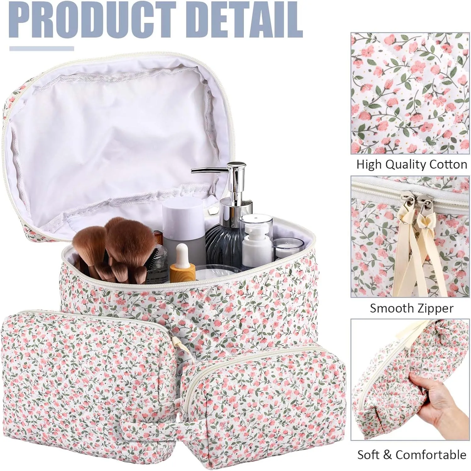 Paterr 3 Pieces Cotton Quilted Makeup Bag Set Coquette Cosmetic Bag Aesthetic Travel Toiletry pouch Cute Pouch Kawaii Aesthetic for Women(Pink,Pink Floral)