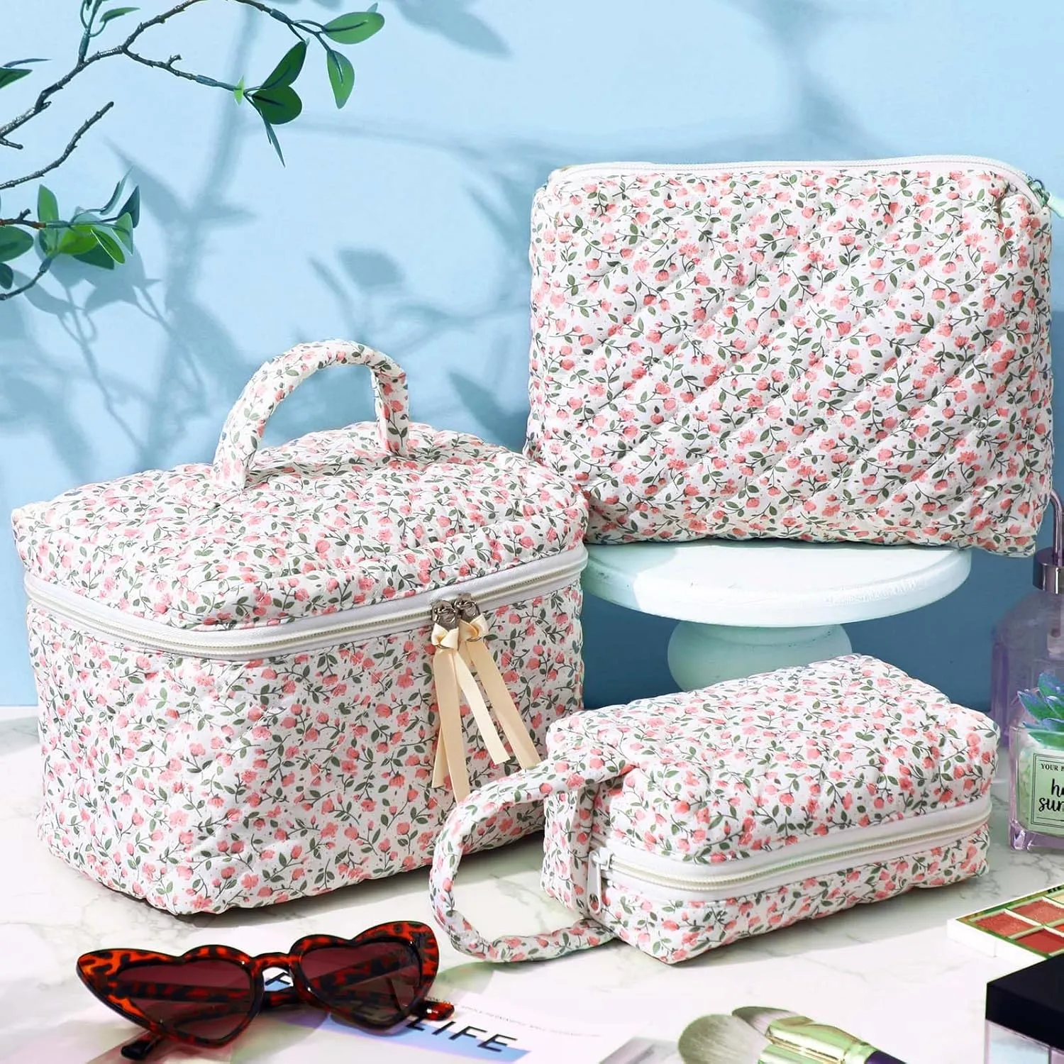 Paterr 3 Pieces Cotton Quilted Makeup Bag Set Coquette Cosmetic Bag Aesthetic Travel Toiletry pouch Cute Pouch Kawaii Aesthetic for Women(Pink,Pink Floral)