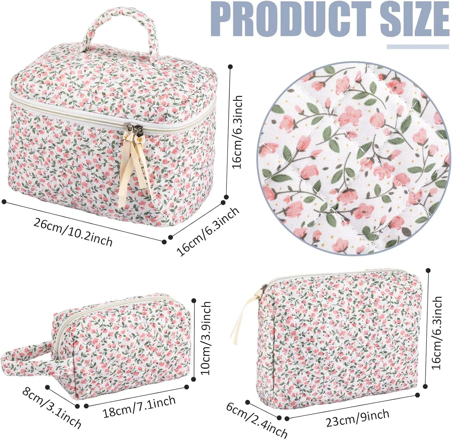 Paterr 3 Pieces Cotton Quilted Makeup Bag Set Coquette Cosmetic Bag Aesthetic Travel Toiletry pouch Cute Pouch Kawaii Aesthetic for Women(Pink,Pink Floral)