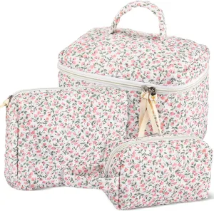 Paterr 3 Pieces Cotton Quilted Makeup Bag Set Coquette Cosmetic Bag Aesthetic Travel Toiletry pouch Cute Pouch Kawaii Aesthetic for Women(Pink,Pink Floral)