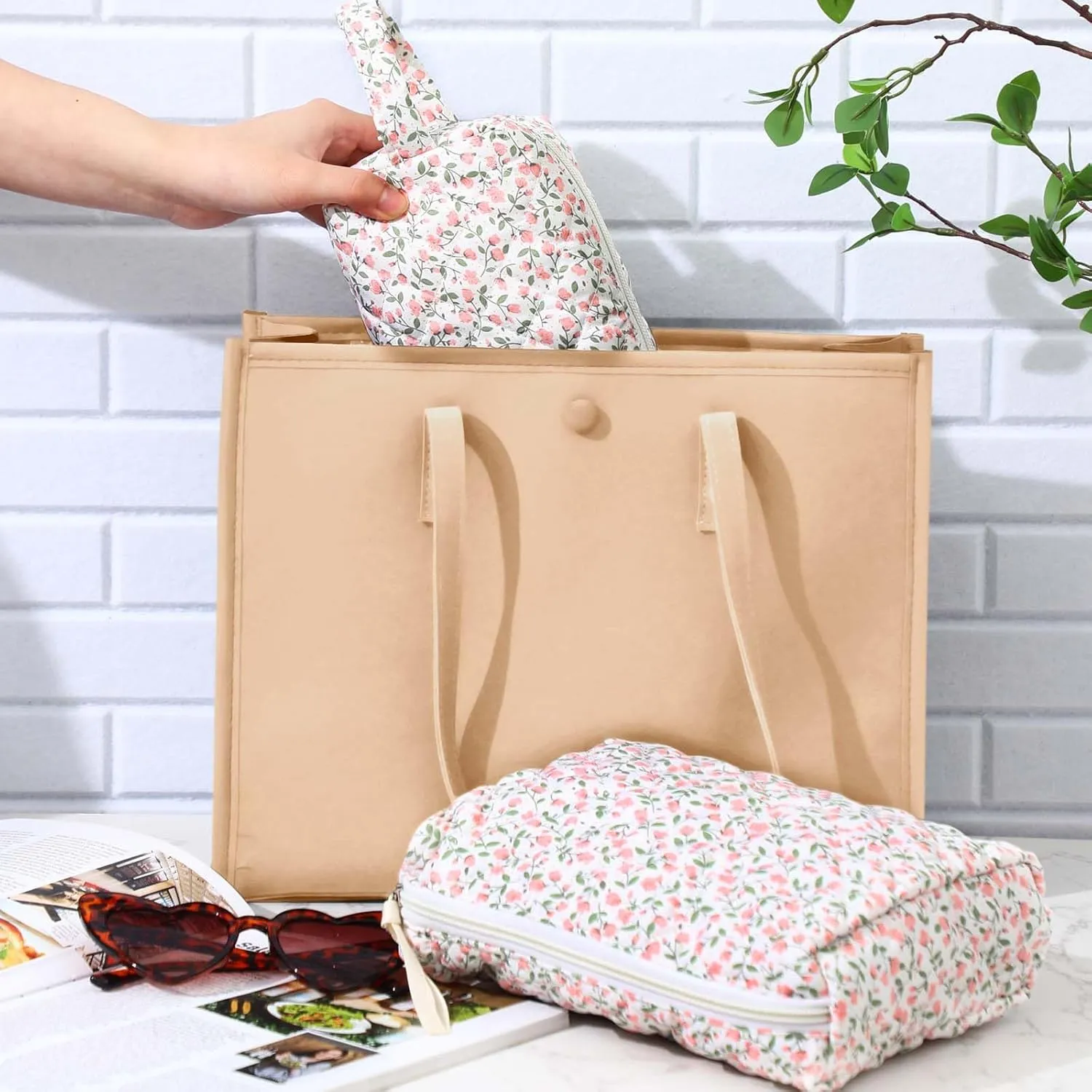 Paterr 3 Pieces Cotton Quilted Makeup Bag Set Coquette Cosmetic Bag Aesthetic Travel Toiletry pouch Cute Pouch Kawaii Aesthetic for Women(Pink,Pink Floral)