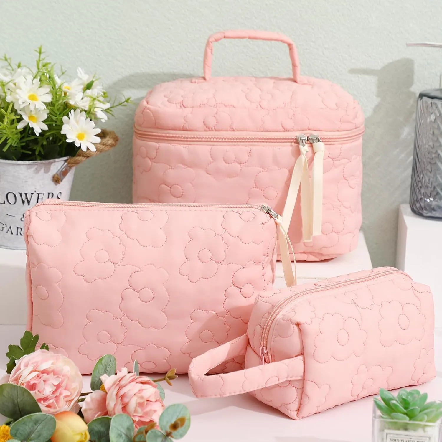 Paterr 3 Pieces Cotton Quilted Makeup Bag Set Coquette Cosmetic Bag Aesthetic Travel Toiletry pouch Cute Pouch Kawaii Aesthetic for Women(Pink,Pink Flower)