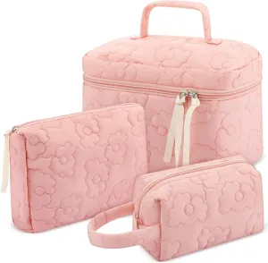 Paterr 3 Pieces Cotton Quilted Makeup Bag Set Coquette Cosmetic Bag Aesthetic Travel Toiletry pouch Cute Pouch Kawaii Aesthetic for Women(Pink,Pink Flower)