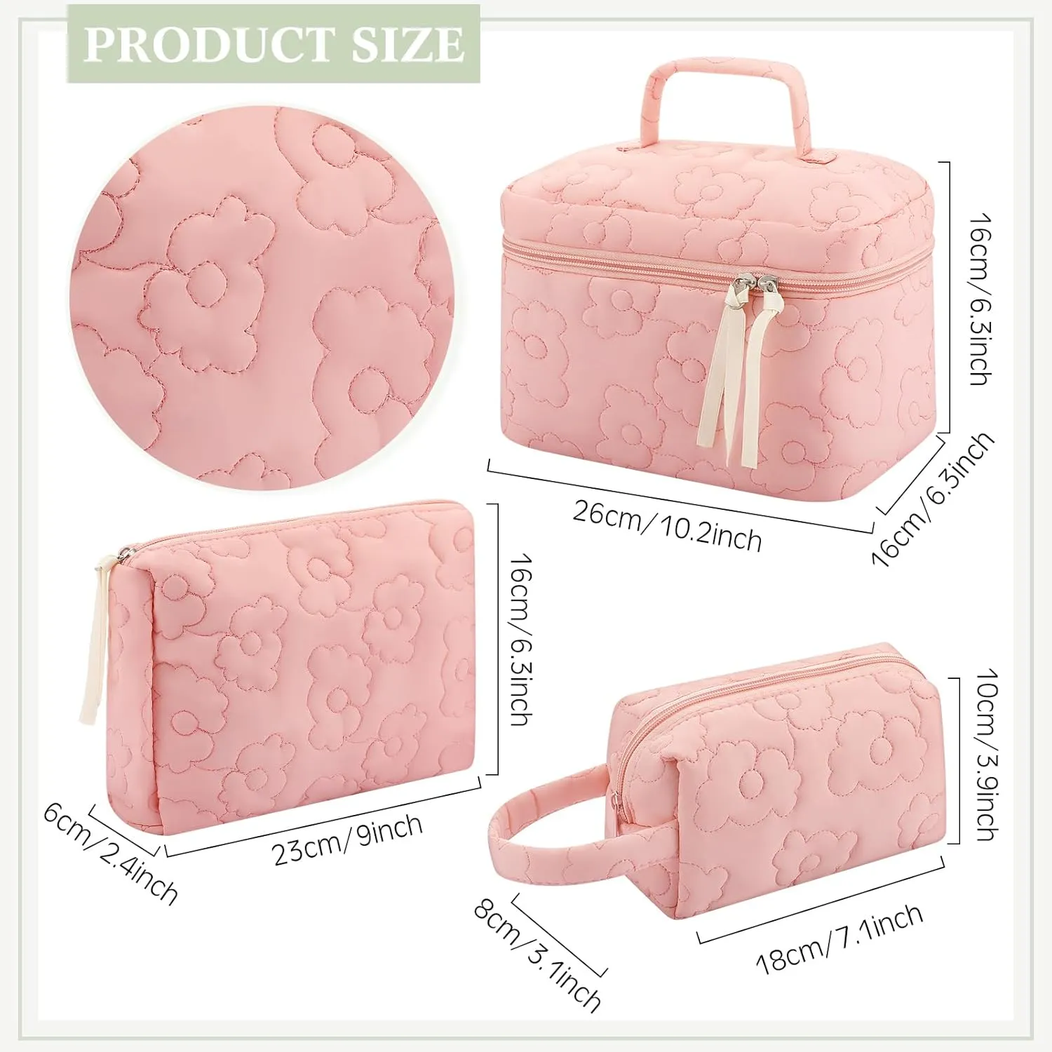 Paterr 3 Pieces Cotton Quilted Makeup Bag Set Coquette Cosmetic Bag Aesthetic Travel Toiletry pouch Cute Pouch Kawaii Aesthetic for Women(Pink,Pink Flower)