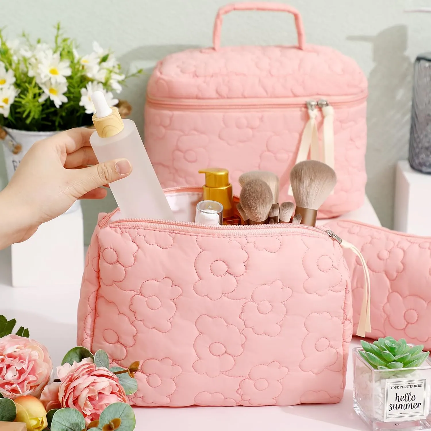 Paterr 3 Pieces Cotton Quilted Makeup Bag Set Coquette Cosmetic Bag Aesthetic Travel Toiletry pouch Cute Pouch Kawaii Aesthetic for Women(Pink,Pink Flower)
